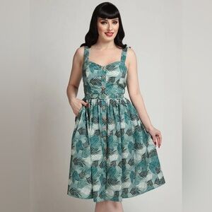 Tropical Leaf Print Dress with Red Accents Collectif NWT